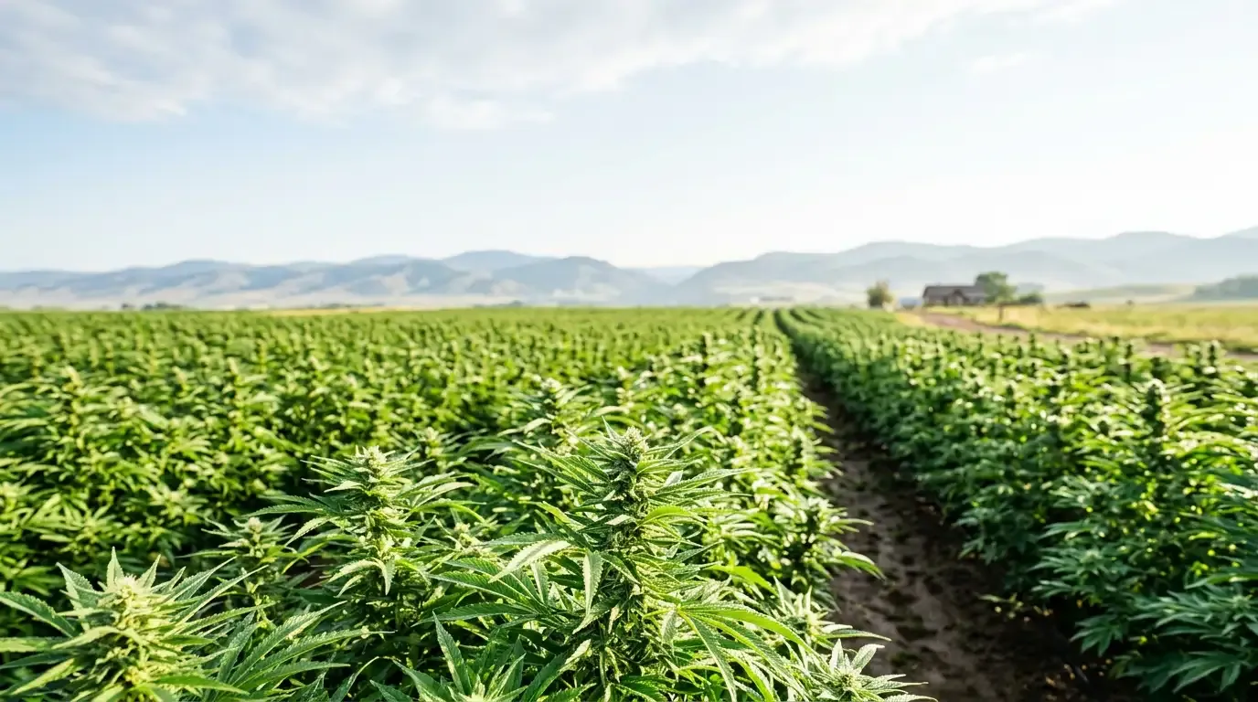 Rows of flowering cannabis plants in a sunlit field, with mountains and a farmhouse on the horizon.